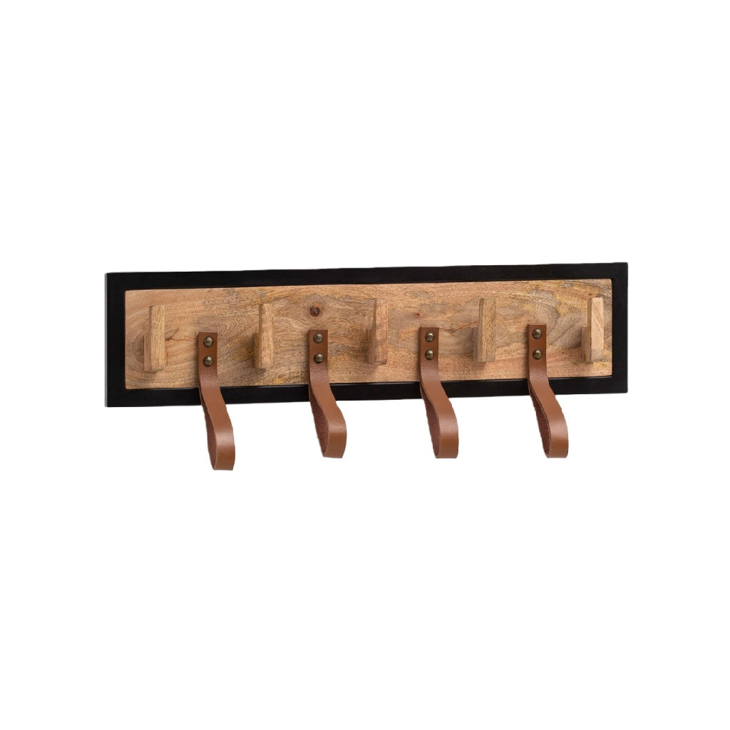 Patère murale en bois avec sangles en cuir